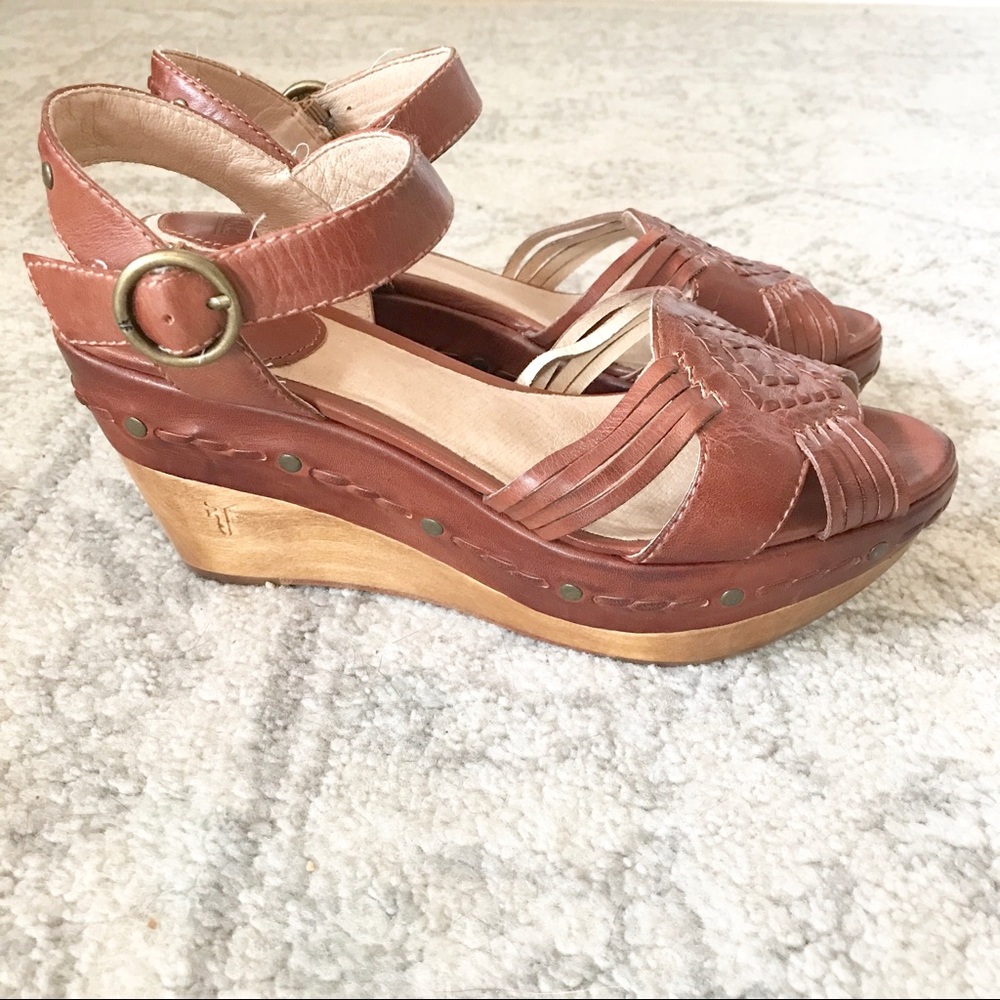 Frye Leather Cognac  Wedge Platform Sandals - Picture 4 of 5